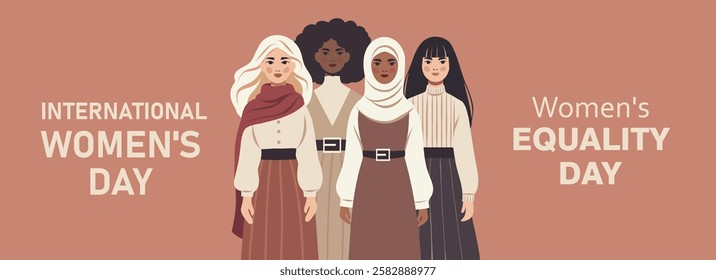 Women's Day, Equality Day. Women of different cultures, nationalities and skin colors stand together. Illustration with space for text. Movements for gender equality and women's empowerment