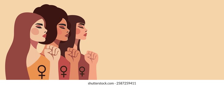 Women's day, equality day. Women of different skin colors and hairstyles with place for text. Gender equality and women empowerment. Vector horizontal banner with place for text