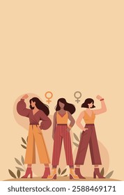 Women's Day. Equality Day. Women in a protest pose symbolize freedom, the fight for women's empowerment and gender equality. Vector illustration for women's projects and holidays with place text