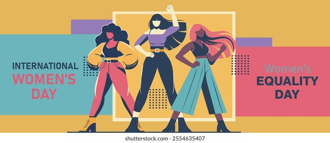 Women's Day. Women's Equality Day. Women symbolize the fight for women's rights. A woman raises her hand up in a clenched fist. Bright vector illustration with space for text. Ideal for equality