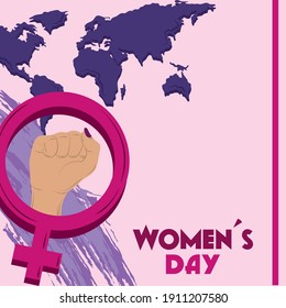 womens day, female hand gender sign and world map background card vector illustration