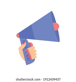 womens day, female hand with megaphone activist in cartoon style vector illustration