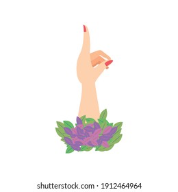 womens day, female hand raised index finger with flowers in cartoon style vector illustration