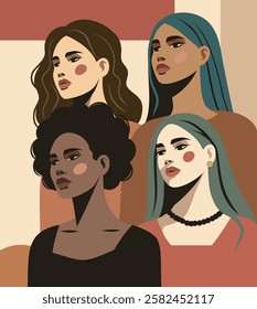 Women's day, feminism day. Beautiful women of different skin colors and cultures, symbol of strength and freedom on a floral background. Vector banner with space for text for women's holidays and proj