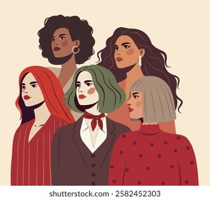 Women's day, feminism day, equality day. Beautiful different women of different skin colors and hairstyles stand together, symbol of women's power and freedom. Vector banner with space for text