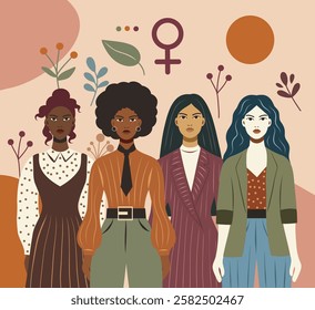 Women's day, feminism day, equality day. Beautiful women of different skin colors and cultures, symbol of strength and freedom on a floral background. Vector banner with space for text for women's hol