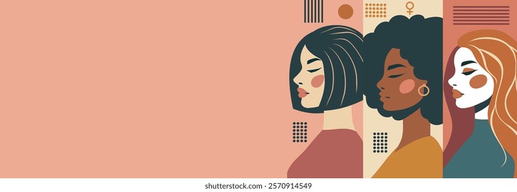 Women's day, feminism day, equality day. Portraits of beautiful women of different skin colors and hairstyles. Vector banner with space for text for women's holidays and projects