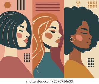 Women's day, feminism day, equality day. Portraits of beautiful women of different skin colors and hairstyles. Vector banner for women's holidays and projects