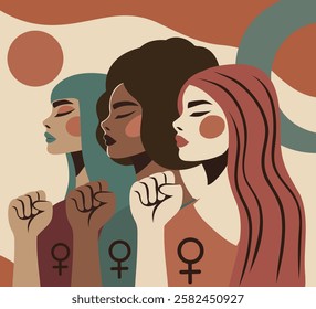 Women's day, feminism day, equality day. Portraits of beautiful women of different skin colors and hairstyles stand together with their hands clenched into fists. Vector banner with space for text for