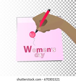 women's Day. feminism. The hand is writing a marker on the text sticker and drawing a balloon. Illustration for your design.