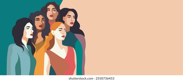 Dia da Mulher. Feminismo. Trendy plana ilustração mulheres fortes ficar juntos. Empoderamento feminino. Igualdade de gênero. Estilo plano de banner de vetor com local para texto