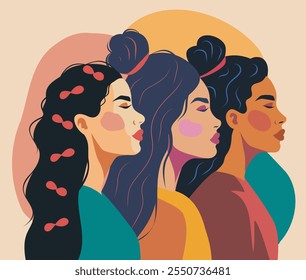 Dia da Mulher. Feminismo. Trendy plana ilustração mulheres fortes ficar juntos. Estilo plano do banner do vetor. Empoderamento feminino. Igualdade de gênero.