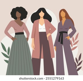 Women's day. Feminism. Vector flat design of different women standing together as a sign of solidarity, equality, strength and unity. Suitable for women empowerment campaigns