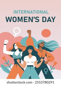 Women's day. Feminism. Vector flat illustration of different women standing together in solidarity, strength and unity. Projects for empowerment, protection and opportunities of women, social networks