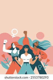 Women's day. Feminism. Vector flat illustration of different women standing together in solidarity, strength and unity. Projects for empowerment, protection and opportunities of women, social networks