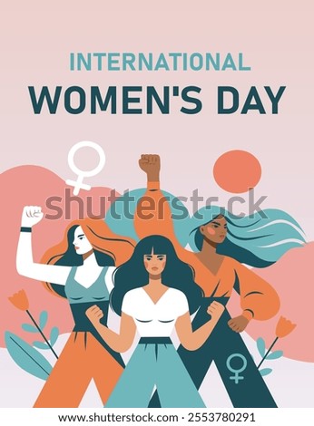 Women's day. Feminism. Vector flat illustration of different women standing together in solidarity, strength and unity. Projects for empowerment, protection and opportunities of women, social networks