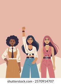 Women's day. Feminism. Vector illustration. Three different women of different races symbolize equality, strength and freedom. Can be used for women's projects, websites, postcard, poster, advertising