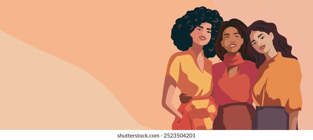 Women's day. Feminist women of different appearance and culture stand together. Banner space for text for advertising, website. Vector concept of movement for gender equality and women's empowerment