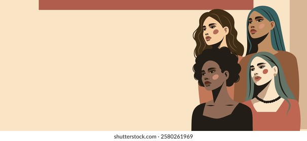 Women's Day. Feminists. Beautiful women of different skin colors and cultures, symbol of strength and empowerment of women. Vector banner with space for text for women's holidays and projects