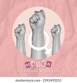 Women's day, Fist raised up. Paper cutout elements. Girl power phrase. Collage with newspaper letters. Alphabet collage.