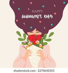 Women's day in flat design. floral illustration for women's day with lettering. 8 March.Charming happy girl with long hair with sample text and flowers. Vector.Girl with red tulips