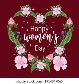 womens day floral decoration shaped heart and lettering card vector illustration