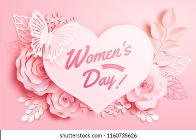 Women's Day floral decorations with buttlefly and heart shape in paper art style, 3d illustration greeting card