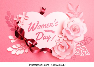 Women's Day floral decorations with heart shape notes in paper art style, 3d illustration greeting card in pink tone