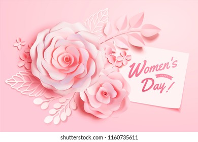 Women's Day floral decorations in paper art style, 3d illustration greeting card in pink tone