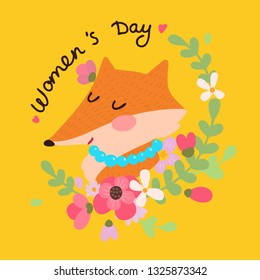 Women's day. Сute fox in flowers. Vector illustration.