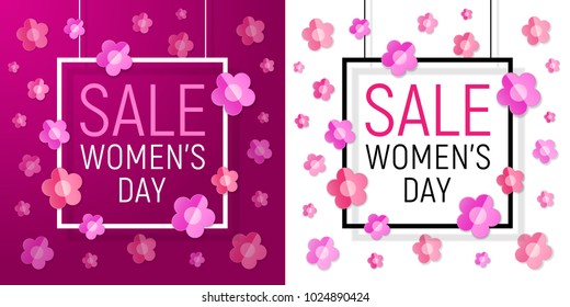 Womens day frame sale background with Paper Flowers. Vector illustration. March 8. Women's Day set Paper Design of greeting card template.
