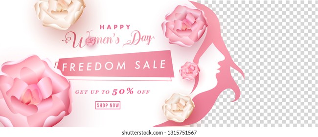 Women's Day Freedom Sale header or banner design, 50% discount offer with decorative flowers and space for your product image. 