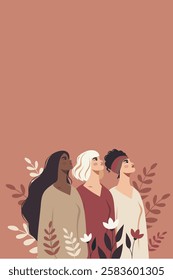 Women's day, gender equality, feminism. Strong women of different skin colors and hairstyles looking up on beige floral background. Women's empowerment. Illustration for women's holidays