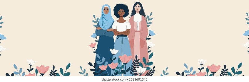 Women's day, gender equality, feminism. Women of different skin colors and hairstyles on a delicate floral background. Women's empowerment. Illustration for women's holidays