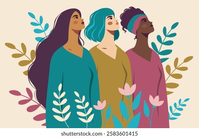 Women's day, gender equality, feminism. Strong women of different skin colors and hairstyles looking up on a floral background. Women's empowerment. Illustration for women's holidays