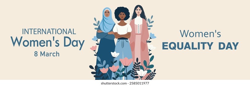 Women's day, gender equality, feminism. Women of different skin colors and hairstyles on a delicate floral background. Gender equality and women's empowerment. Illustration for women's holidays