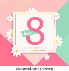 Womens day geometric background with beautiful flower. Vector illustration template, card, banners, wallpaper, flyers, invitation, posters, brochure, voucher discount.