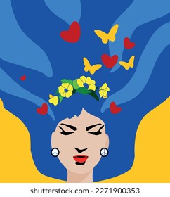 womens day. girl with blue hair and yellow shirt. minimalism