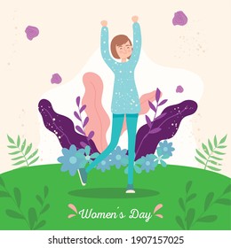 Womens day girl cartoon outside with flowers and leaves design of Woman empowerment theme Vector illustration