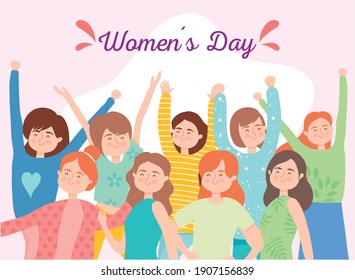 Womens day girls cartoons with hands up design of Woman empowerment theme Vector illustration