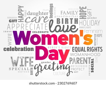 Women's Day is a global day celebrating the social, economic, cultural, and political achievements of women, word cloud concept background