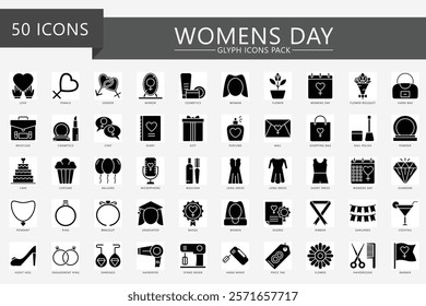 Women's day glyph icons set. contain gender, freedom, jewelry, dress, education, greeting, ribbon, heels and more. Vector EPS 10 for banner, print, digital UI, UX kit, web and app development.