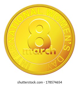 Women's day gold coin. Vector illustration