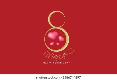 Women's Day with gold number 8 illustration with 3d heart.