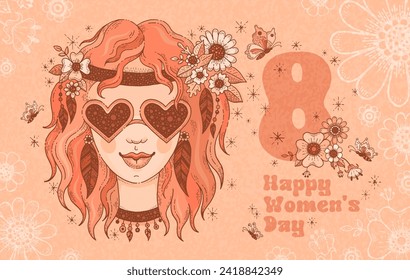 Women's day greeting card. 8 march design with happy retro woman, flowers. Peach fuzz color. Doodle vector background. International women day groovy card. Spring floral design. Girl character poster