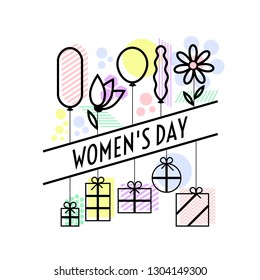 Women's day greeting card with balloons and gifts in a minimalist style. For greeting cards and holiday congratulation in international festival of solidarity of women of world.