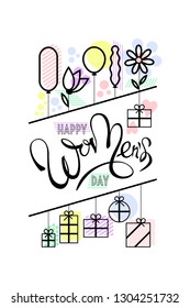 Women's day greeting card with balloons and gifts in a minimalist style. For greeting cards and holiday congratulation in international festival of solidarity of women of world.