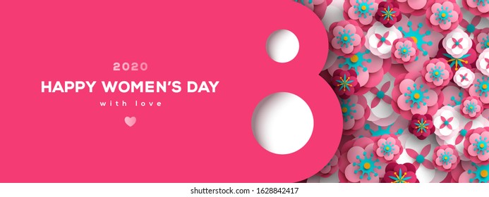 Women's Day greeting card or banner with eight shaped frame and paper cut flowers. Vector illustration. Place for text. March 8 holiday.