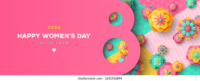 Women's Day greeting card or banner with eight shaped frame and paper cut flowers on colorful modern geometric background. Vector illustration. Place for text. March 8 holiday.