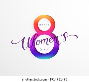 Women's Day greeting card or banner with paper cut eight number. Vector 8 March international holiday poster template